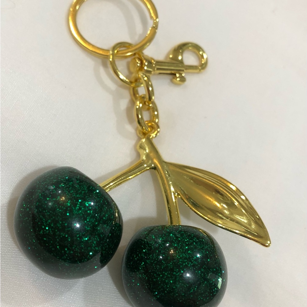 Gold-Tone Green Glitter Cherry Keychain - Women Accessories